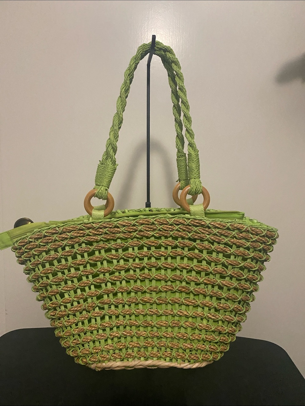 Chico’s Green Woven Straw Tote Bag with Braided Handles